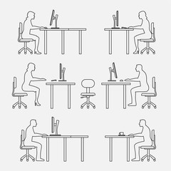 Architectural set of furniture with people. Sitting man, woman. Front view. Interiors elements for house, office, premises. Thin lines icons. Computer, table, chair. Standard size. Vector - 132898689