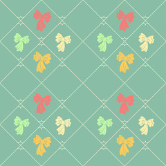 Seamless geometric baby pattern. Texture of diagonal strips, lines, bows. Soft orange, green, gray figures on blue background. Children, hipster colored. Vector