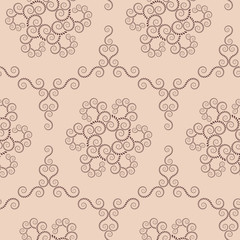 Spiral seamless lace pattern. Vintage abstract texture. Volute, twirl figures of laurel leaves. Brown, beige contrast colored background. Vector