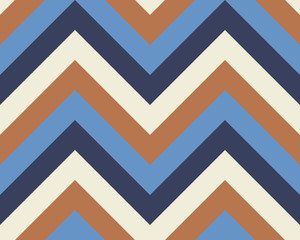 Striped, zigzagging seamless pattern. Zig-zag line texture. Stripy geometric background. Brown, blue, white contrast colored. Vector