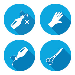 Tool icons set. Glue, rubber gloves, sclissors. Repair, fix, cut, protection symbol. White sign on round button with long shadow. Vector isolated - 132899025