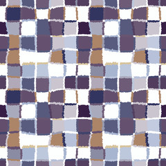 Seamless geometric mosaic checked pattern. Background of woven rectangles and squares. Patchwork, ceramic, tile texture. Brown, beige, lilac colors. Vector - 132899075