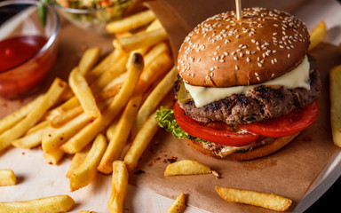 fresh tasty burger and french fries closeup