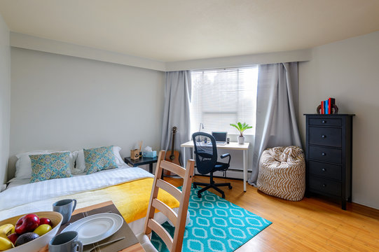 Cozy studio student apartment with a combined dining room, bedroom, and office.