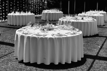 Decorated celebrating event table on sunny day outdoors background