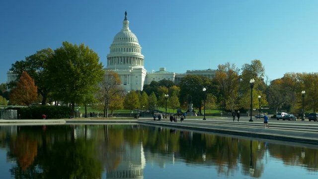 WASHINGTON DC, USA - NOVEMBER 18, 2016 Washington DC: Zoom in view at US Capitol building over reflecting pool in Washington DC