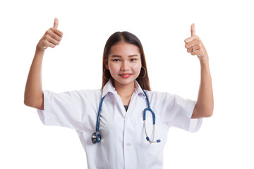 Young Asian female doctor show  two thumbs up.