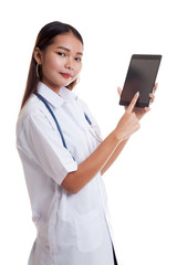 Asian young female doctor touch screen on tablet pc.