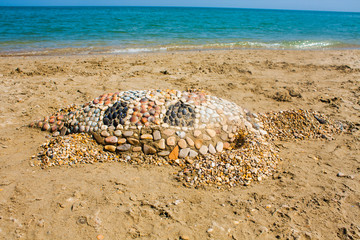 Sea turtle made of sand on the beach, Adriatic Seacoast view.