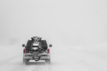 White truck driving in a blizzard with a snowmobile in the bed