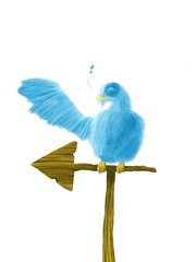 Old Blue Bird Resting On A Signboard Showing Direction Illustration