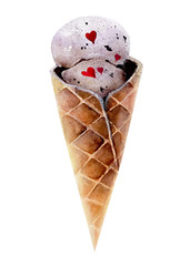 Waffle ice cream cone painted with watercolors isolated on white background