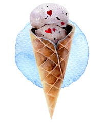 Waffle ice cream cone painted with watercolors isolated on white background