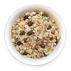 Bowl of Muesli Isolated on White Top View