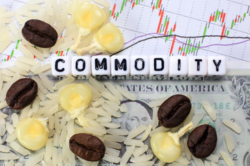 Coffee bean, rice, corn and letter cube on dollar and candle stick chart background. Conceptual image of commodity trading.