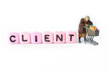 A figure of shopping housewife with cart and letter cube on white background. conceptual image of word "client".
