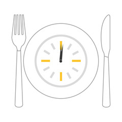 knife and fork with plate with clock icon over white background. vector illustration