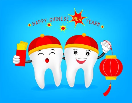 Cute cartoon tooth with  Chinese New Year elements. Illustration isolated on gold background. great for celebrate Chinese New Year.