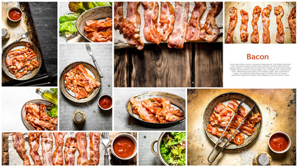 Food collage of fried bacon.