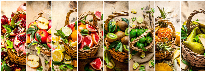 Plakat Food collage of fresh fruits in the basket .