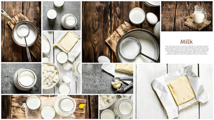 Food collage of dairy products .
