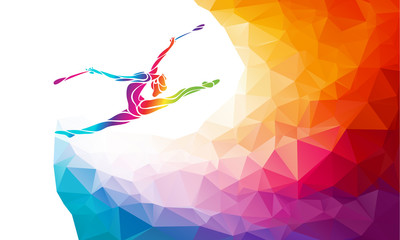 Creative silhouette of gymnastic girl. Art gymnastics with clubs