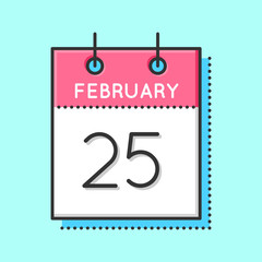 Vector Calendar Icon. Flat and thin line vector illustration. Calendar sheet on light blue background. February 25th