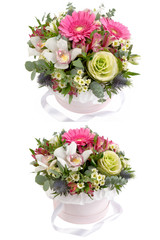 Bright buketny composition from fresh flowers, the white isolated background