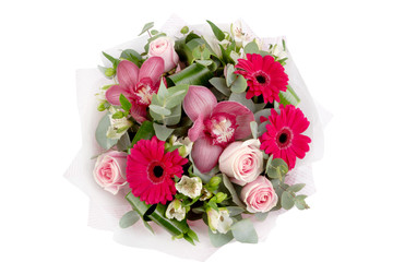 Bright buketny composition from fresh flowers, the white isolated background