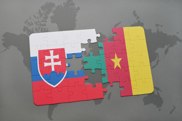 puzzle with the national flag of slovakia and cameroon on a world map