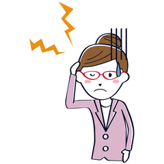 線画の淡いスーツのキャリアウーマン　赤いめがね　上半身　頭痛