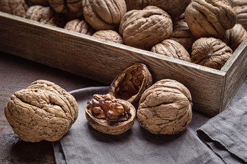 The large walnuts on a napkin.