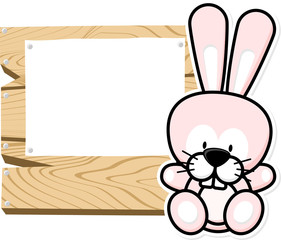 illustration of cute baby bunny on wooden board with blank sign isolated on white background