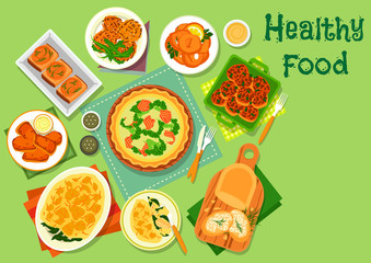 Vegetable and fish dishes icon for lunch design
