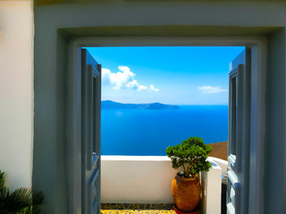 Beautiful sea view from the balcony. Santorini island, Greece.