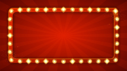 Red rectangular retro frame with glowing lamps. Vector illustration with shining lights in vintage style. Label for winners of poker, cards, roulette and lottery. - obrazy, fototapety, plakaty