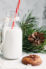 Food background of cinnamon cookie with hazelnut and bottle of milk on white table