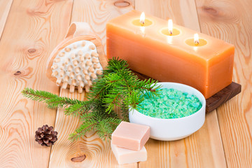 cosmetics handmade with natural extracts of pine close-up on woo