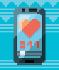 Pixel art smartphone. Vector illustration. Concept of 8bit particles. Old video game style. Retro design