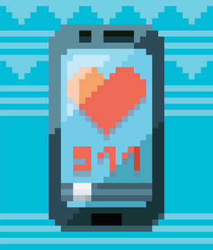 Pixel art smartphone. Vector illustration. Concept of 8bit particles. Old video game style. Retro design