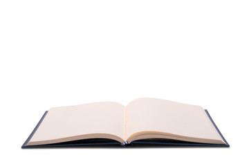 Open blank paper leather notebook on white background.