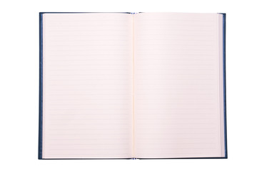 Open blank paper leather notebook on white background.