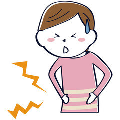 かわいい線画の女性　ショートカット　上半身　私服　腹痛