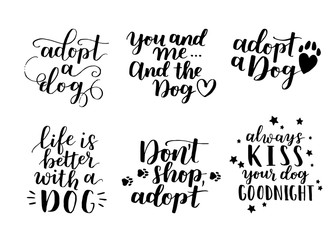 Dog adoption hand written lettering. Brush lettering quotes about the dog. Vector motivational saying ink on isolated background.