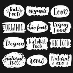 Labels with vegetarian and raw food diet designs. Organic food tags and elements set for meal and drink, cafe, restaurants and organic products packaging. Vector illustrated bio detox logo.