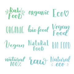 Labels with vegetarian and raw food diet designs. Organic food tags and elements set for meal and drink, cafe, restaurants and organic products packaging. Vector illustrated bio detox logo.