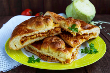 Homemade pie with cabbage chopped pieces on a dark wooden background