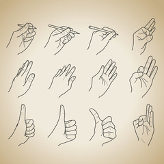 Hand outline collection on vintage background. vector line illus