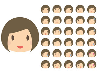 かわいい　おかっぱ女性　たくさんの表情の顔パーツ