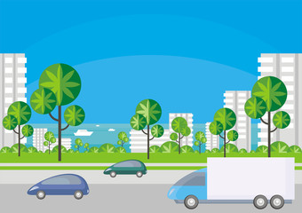 Abstract image of the southern seaside city. A city landscape with high-rise buildings, tropical plants and a view of the sea. Vector background.